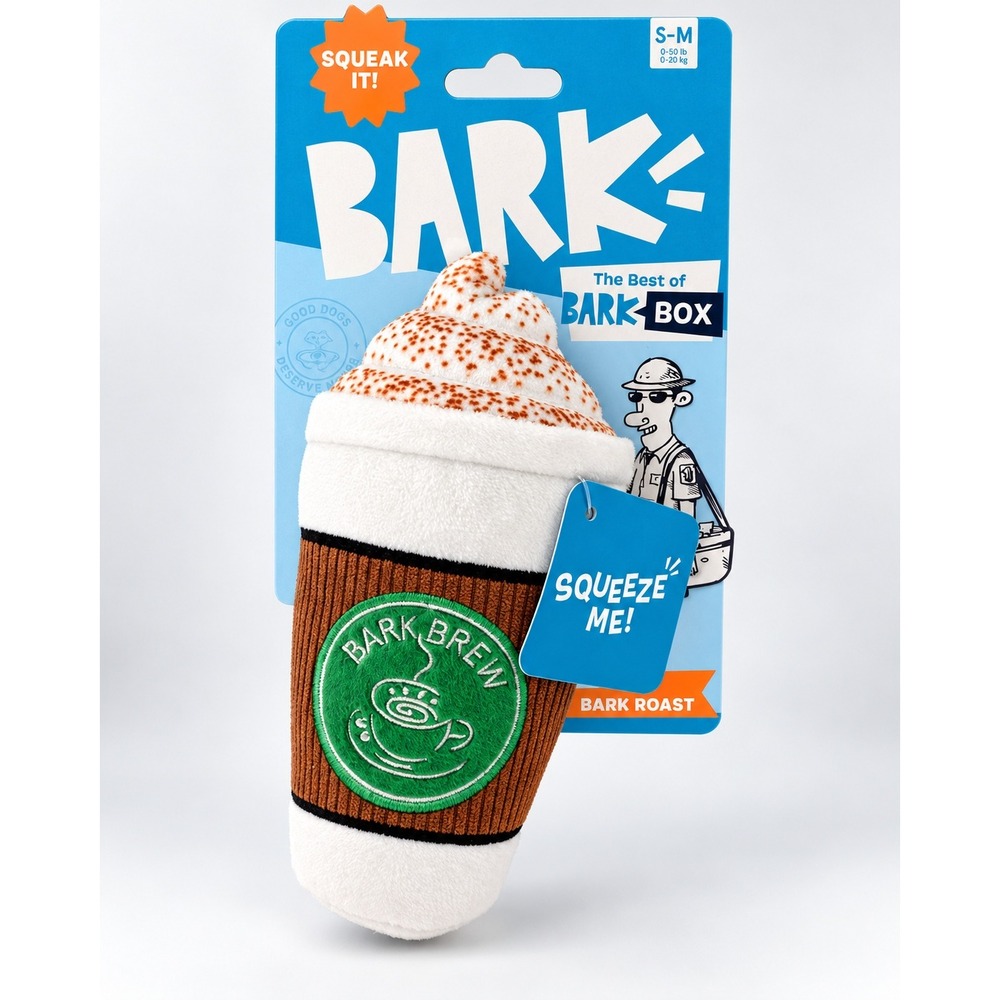 BARK Box "A Cup of Bark Roast" Coffee Plush Dog Toy S-M Squeaker Crinkle NWT
